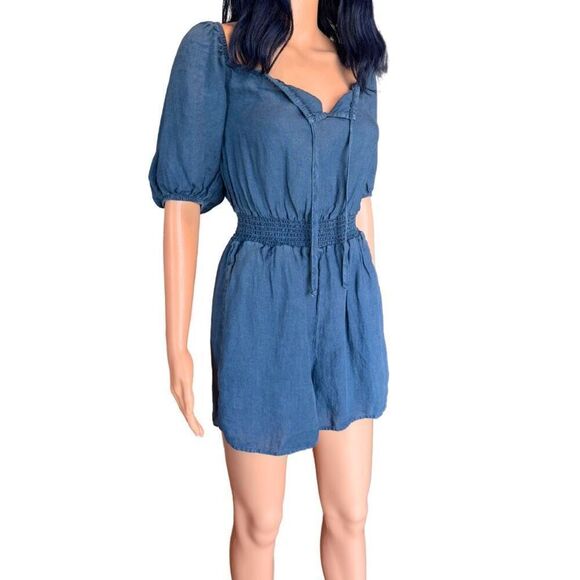 NWT Bella Dahl Blue Puff Sleeve Smocked 100% Linen Romper - Picture 3 of 7